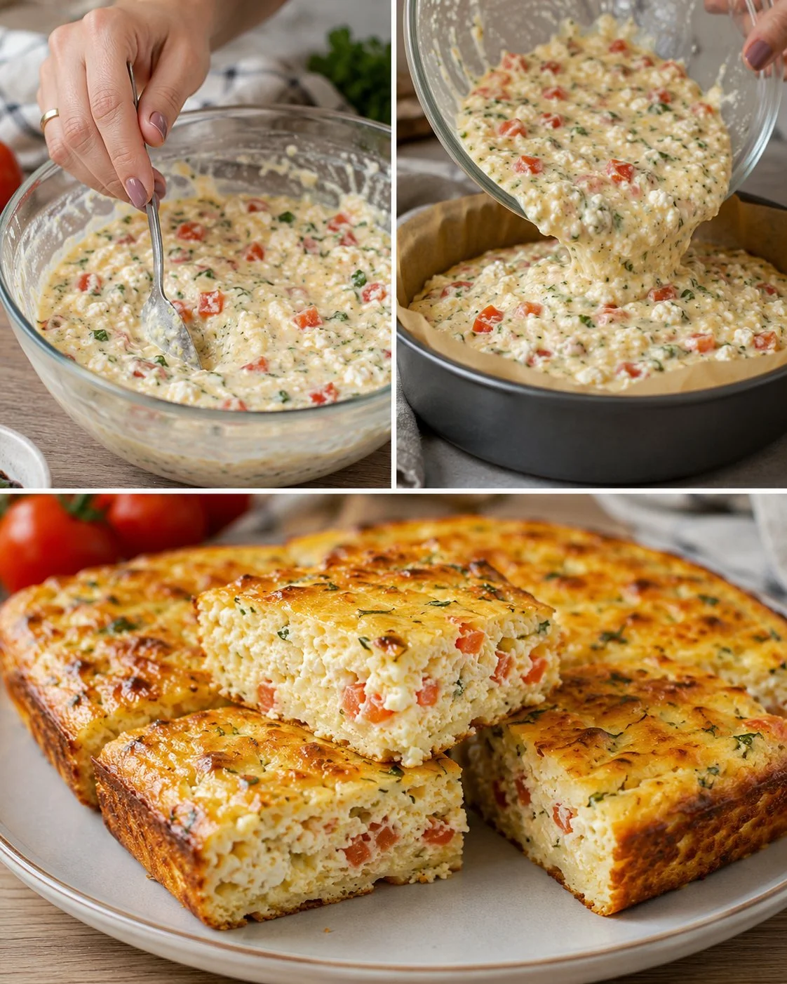 Cottage Cheese Tomato Herb Bake served in a dish with fresh herbs on top.