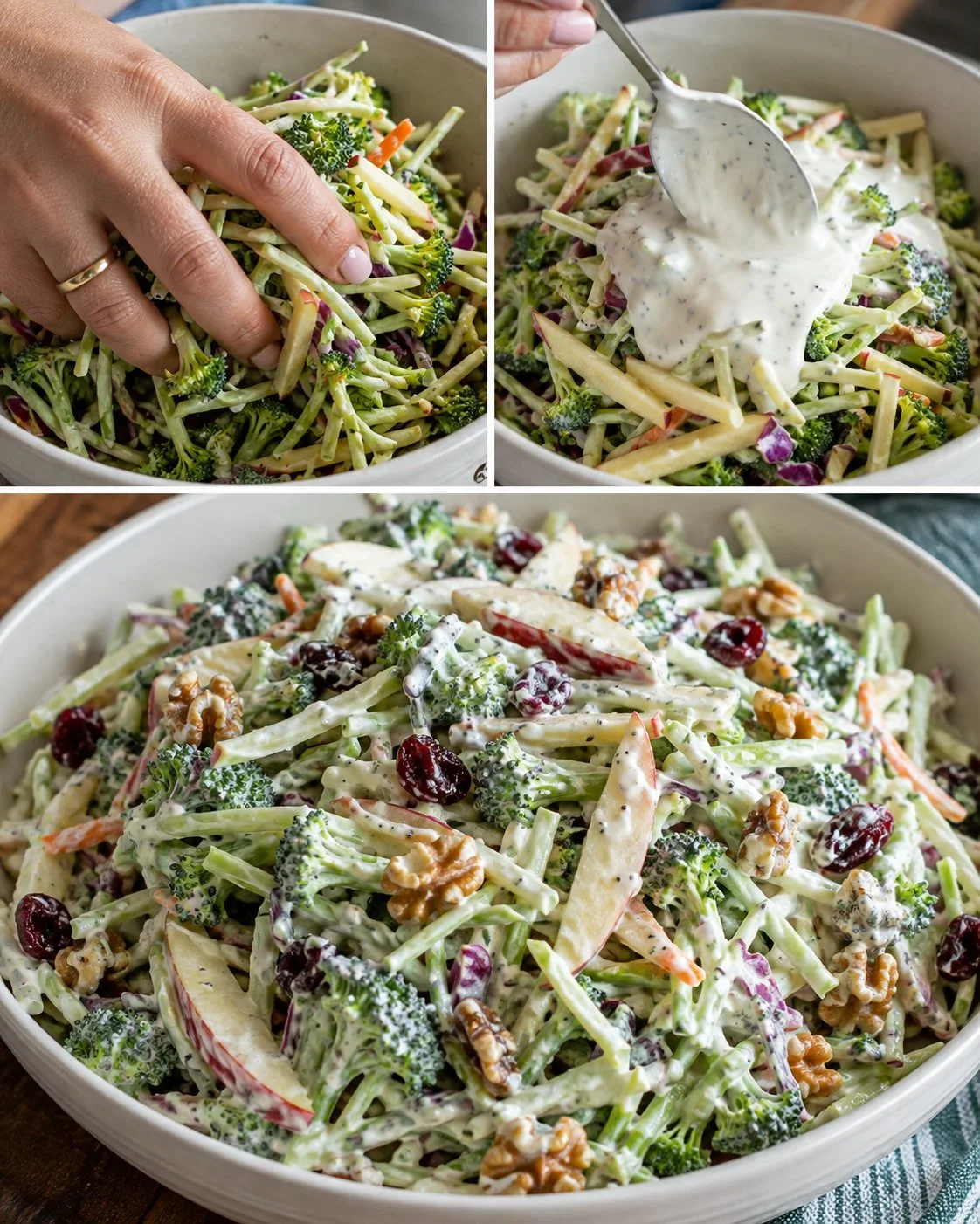 Creamy broccoli apple yogurt salad in a bowl with fresh ingredients