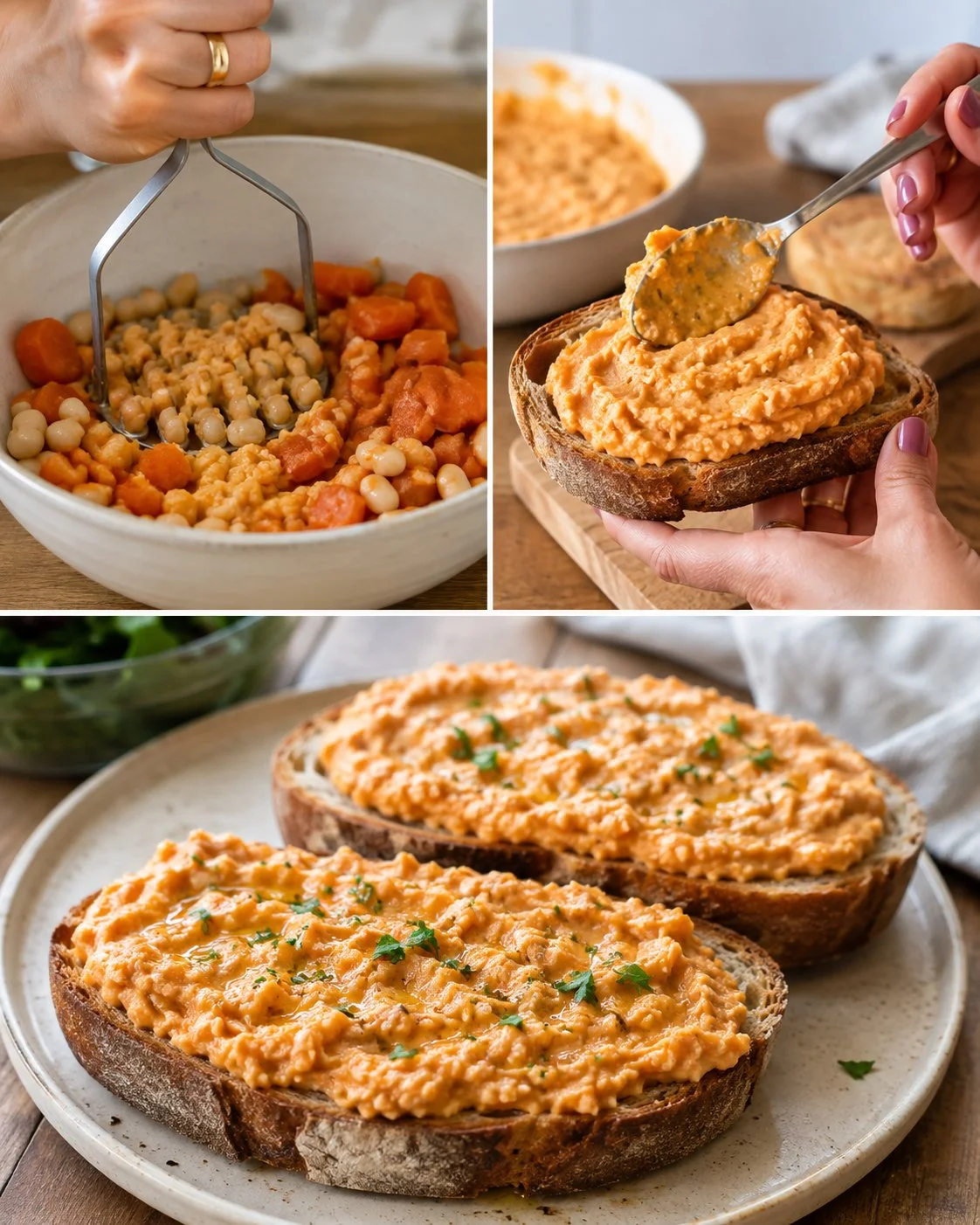 Creamy carrot white bean toast spread on a rustic wooden table