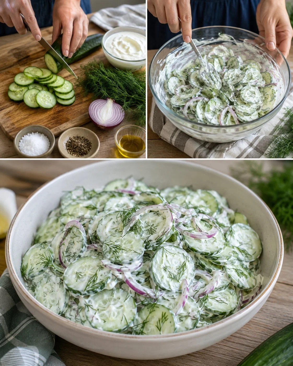 A bowl of creamy cucumber dill salad garnished with fresh dill and served chilled.