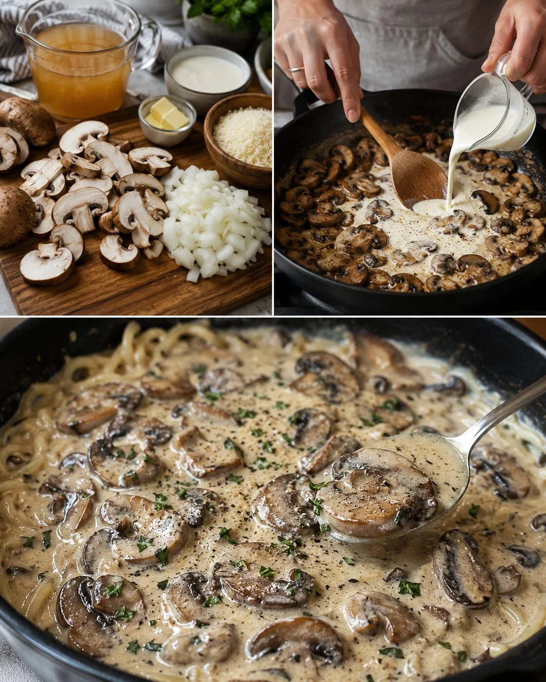 Creamy mushroom sauce served over pasta highlighting its rich texture and flavor.