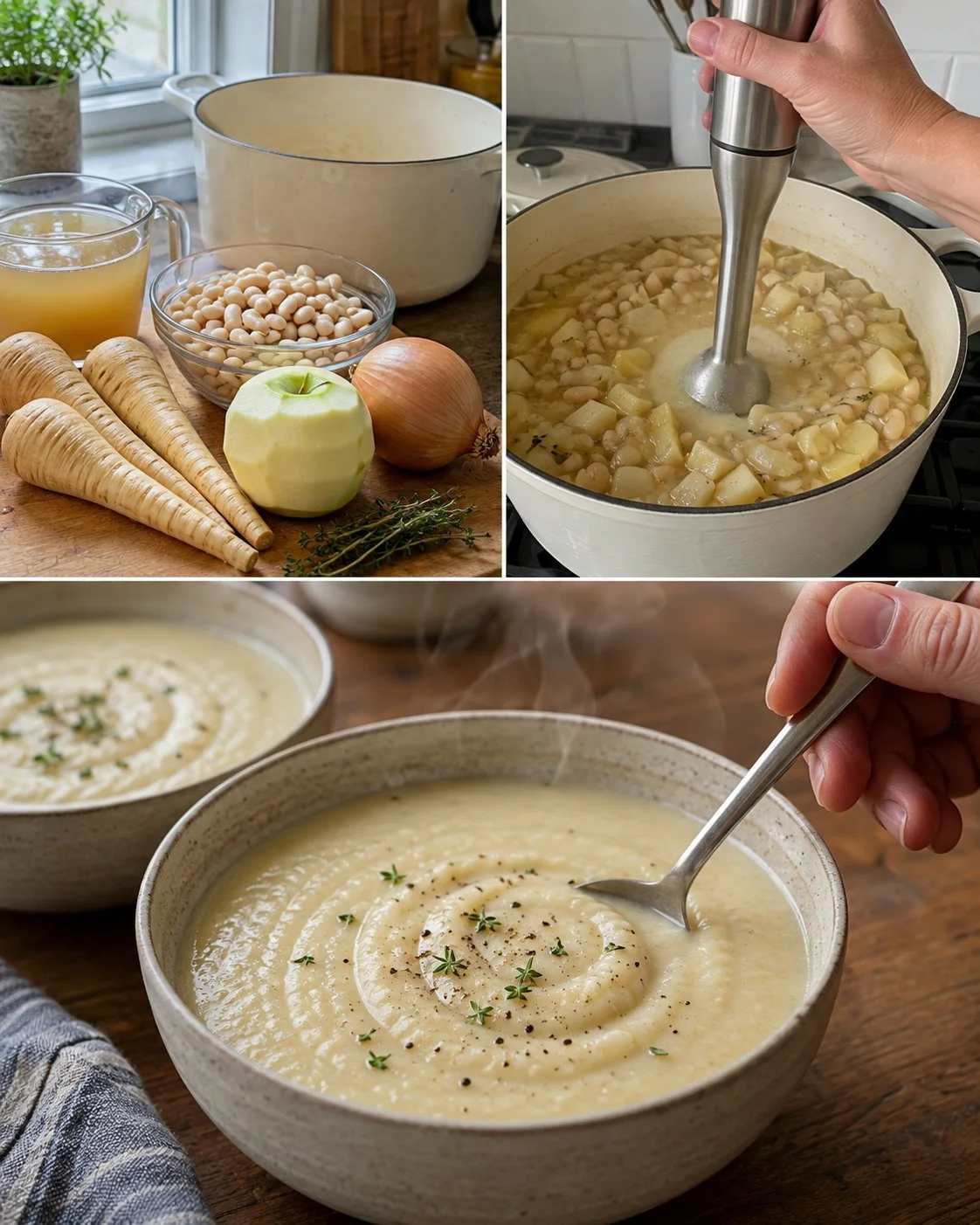 Creamy parsnip soup with apple and white beans in a bowl garnished with herbs.