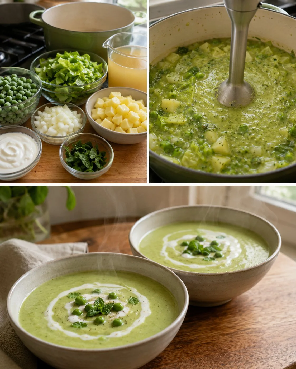 Creamy pea soup with lettuce and potato served in a bowl