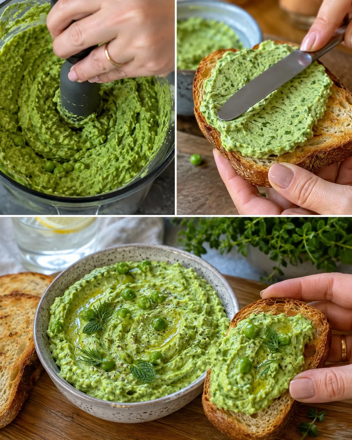 Creamy pea ricotta herb spread served with crackers and fresh herbs.