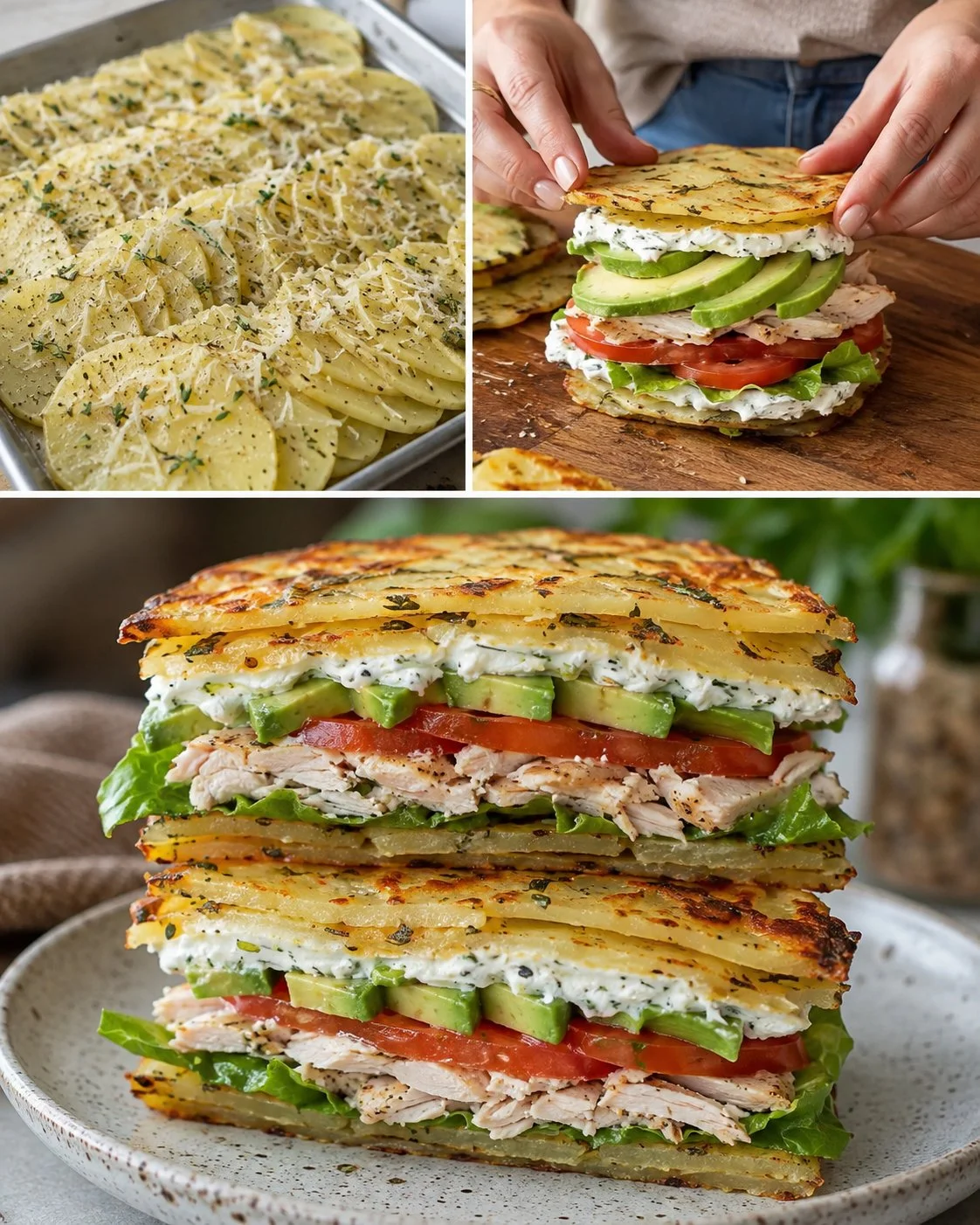 Crispy breadless potato sandwiches served with fresh herbs and spices