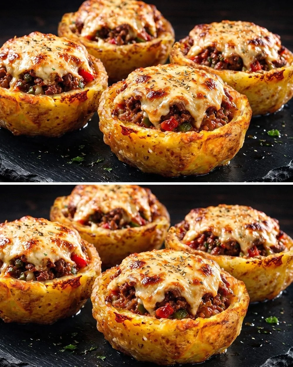Crispy potato cups filled with seasoned beef, garnished and ready to serve.