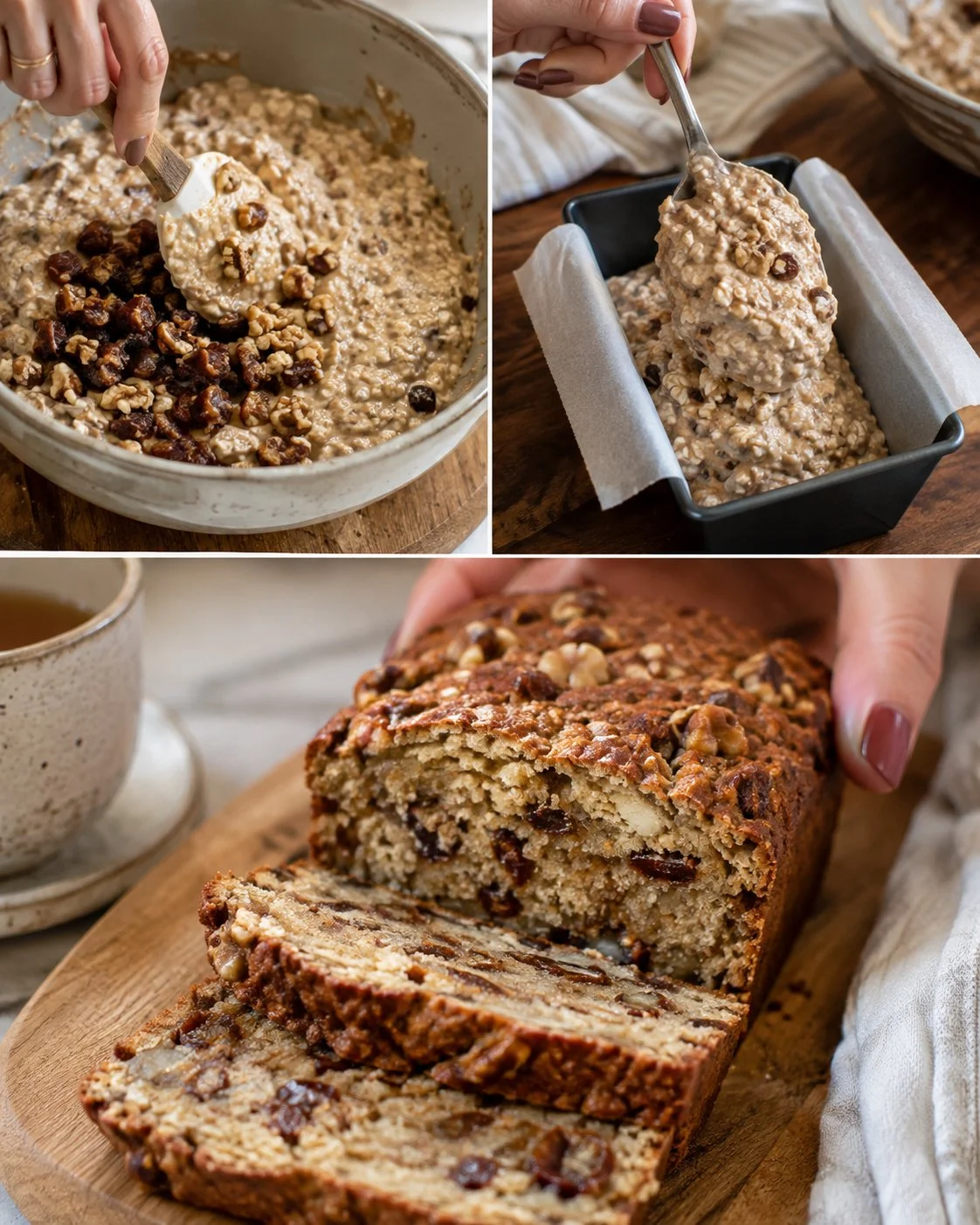 Date walnut oat mini loaf fresh out of the oven on a wooden table