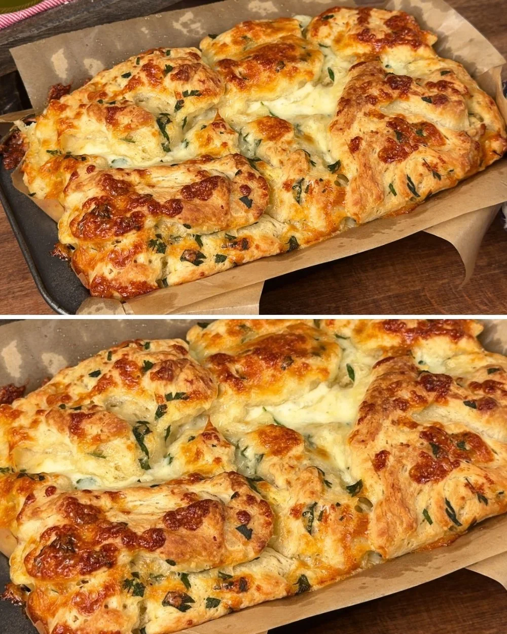 Freshly baked garlic butter cheese bread with melted cheese topping