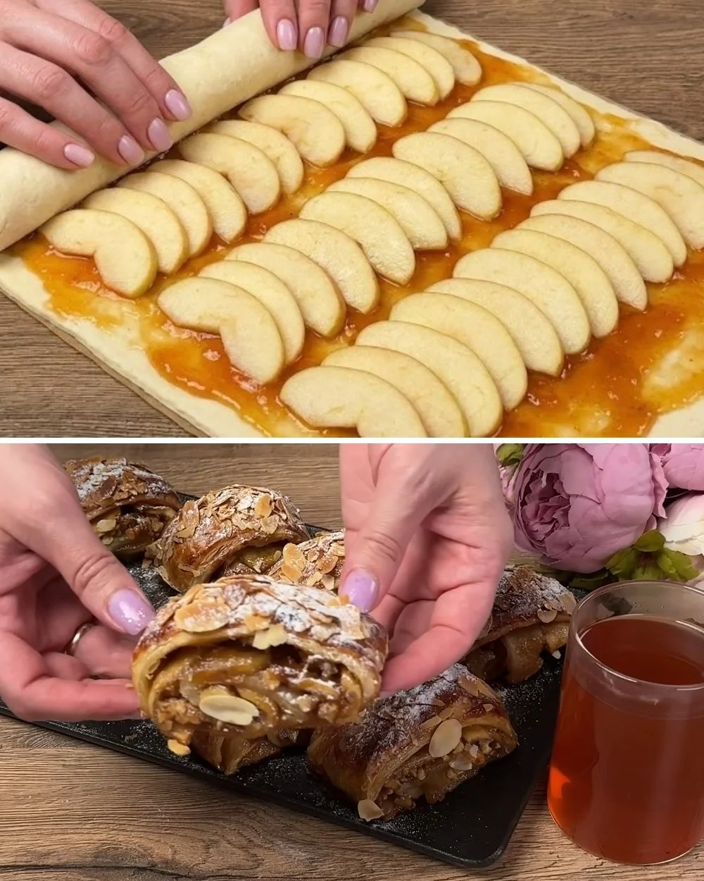 Easy puff pastry rolls filled with fruit, served with a side of tea.