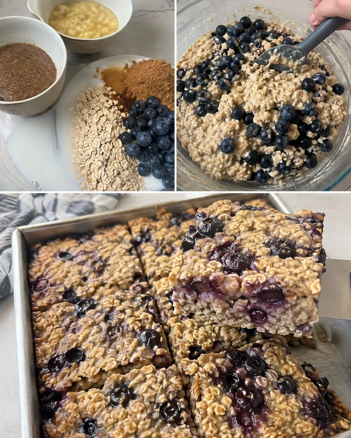 Eggless blueberry oat slice with flax on a wooden cutting board