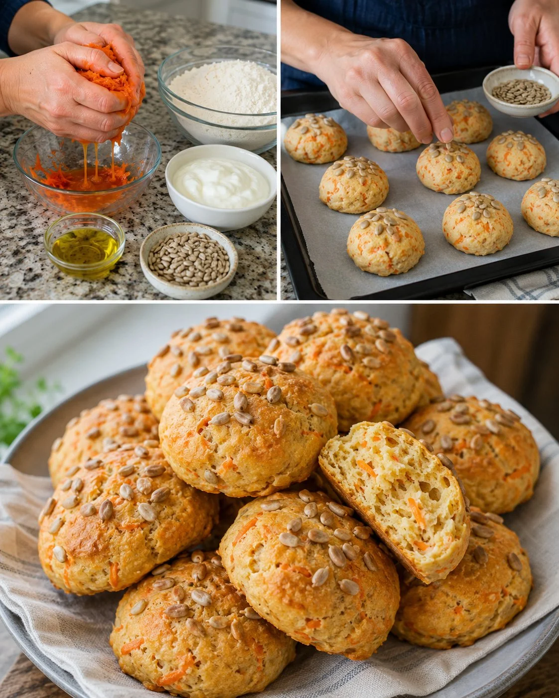 Eggless carrot and sunflower seed breakfast rolls served on a plate.