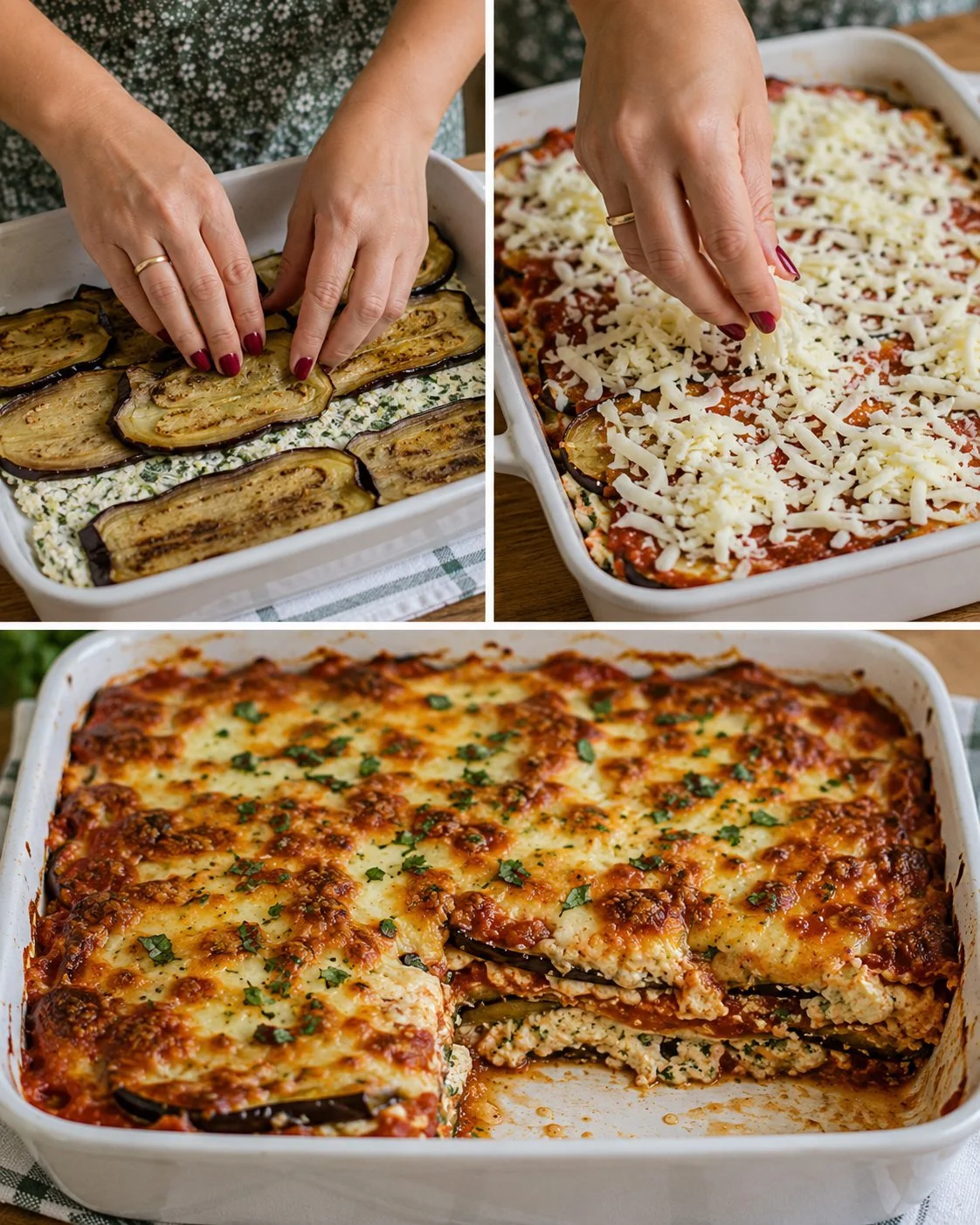 Eggplant Ricotta Tray Bake served on a wooden table with fresh herbs.