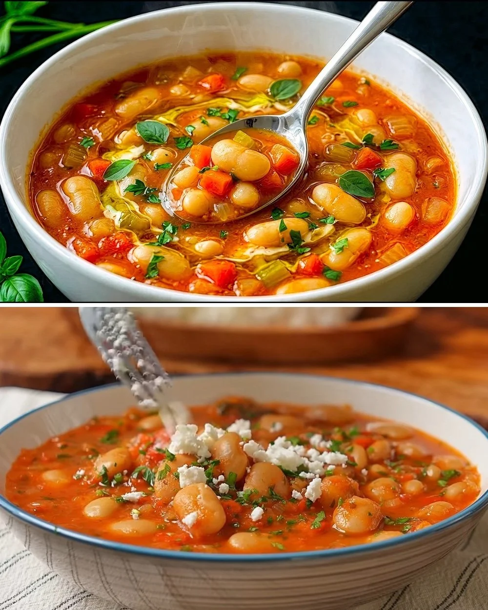 Bowl of traditional Fasolada, a Mediterranean white bean soup garnished with herbs.