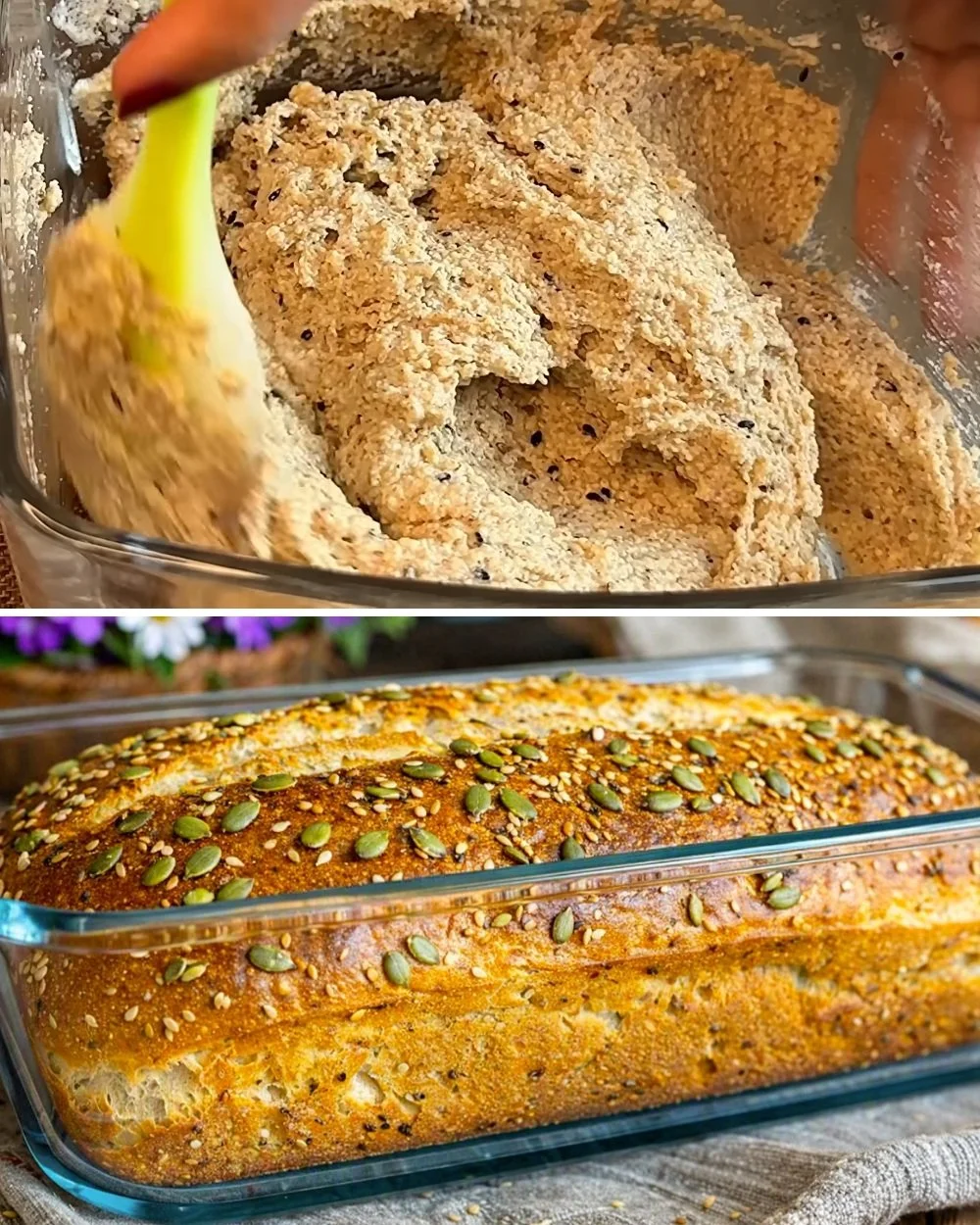 Five-minute no-flour bread with roasted vegetable spread on a plate