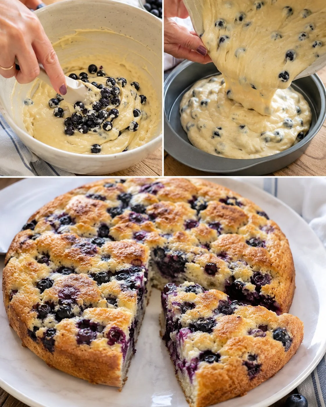Delicious flourless blueberry yogurt breakfast cake garnished with fresh blueberries.