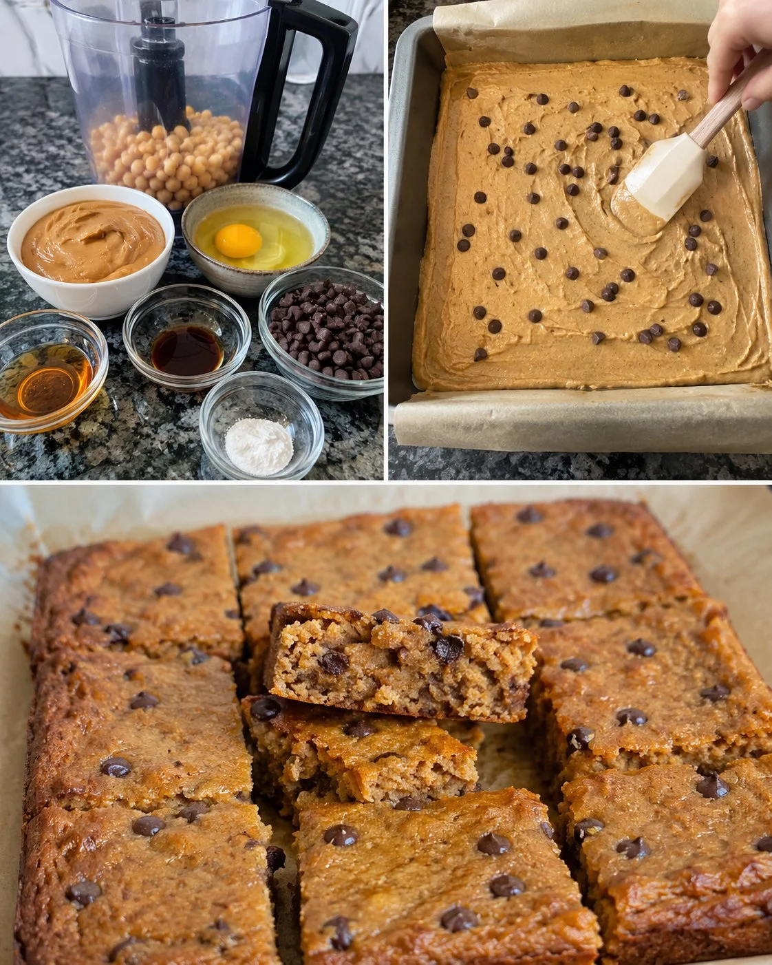 Flourless chickpea peanut butter blondies displayed on a plate.