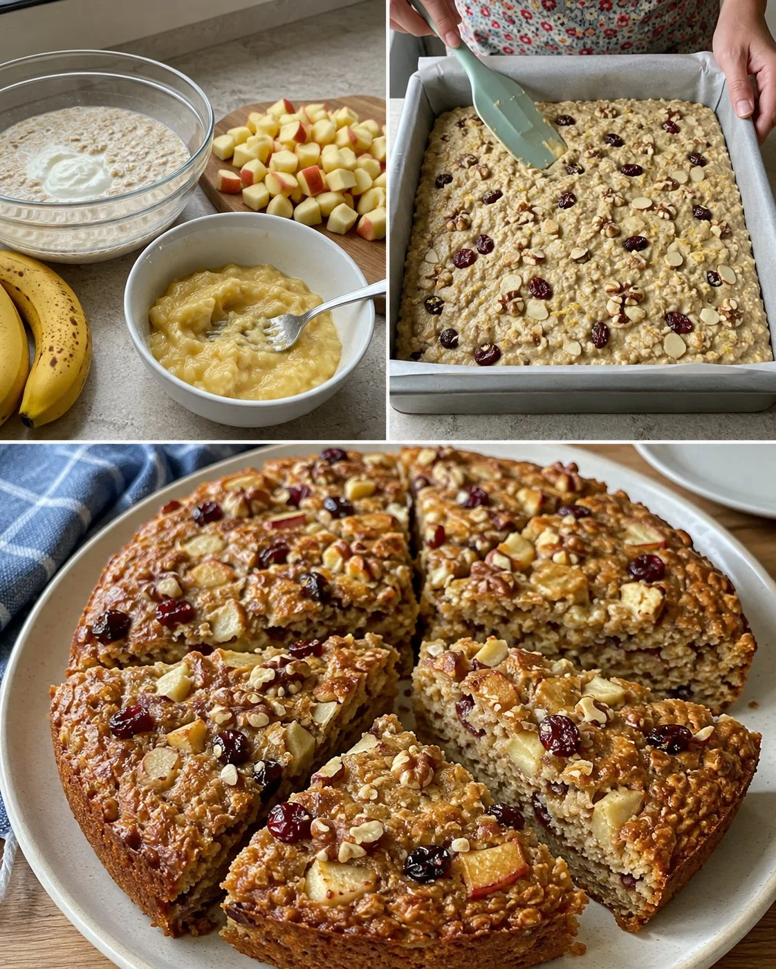 Flourless oat banana apple breakfast cake slice on a plate