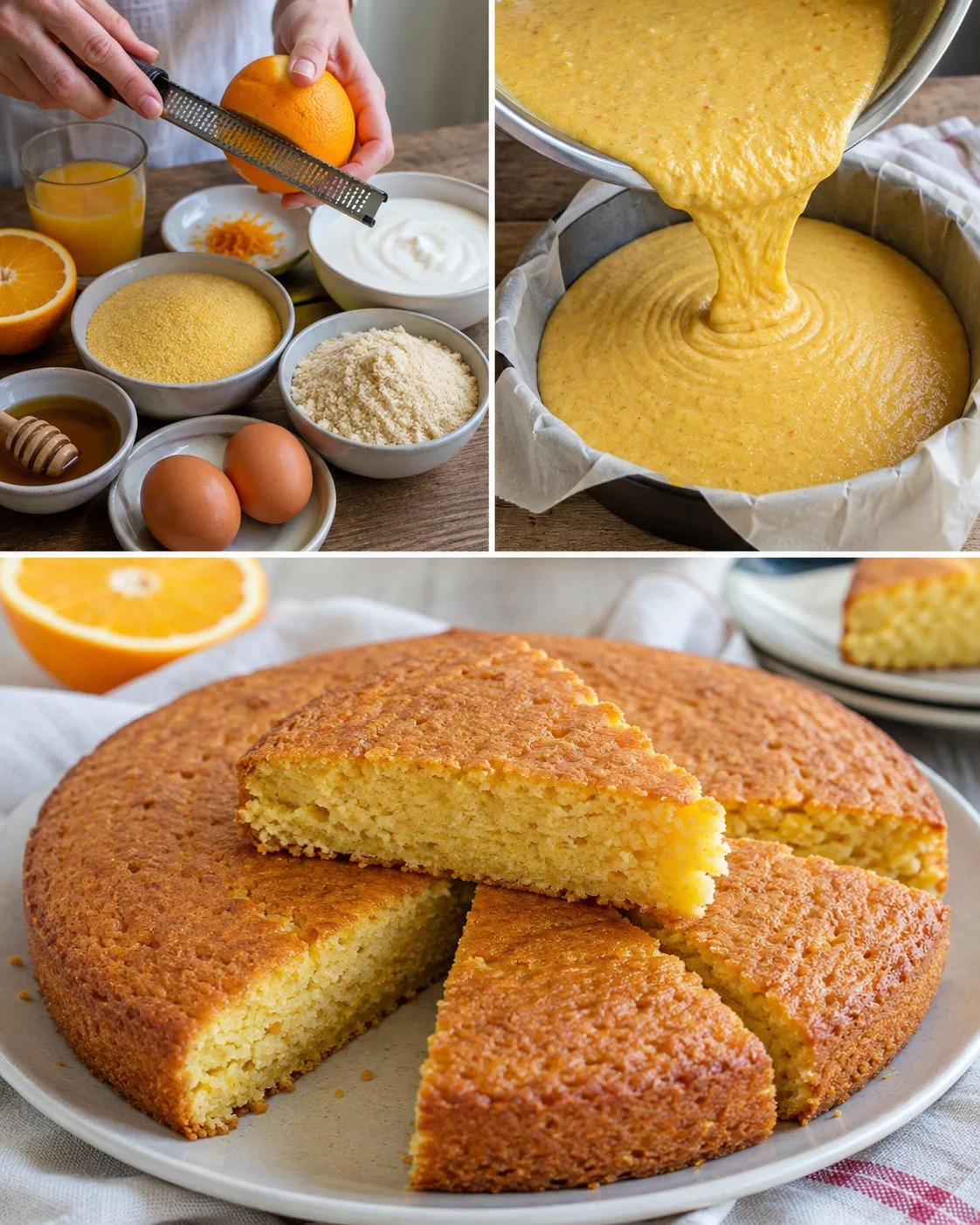 Flourless orange polenta almond cake served on a decorative plate