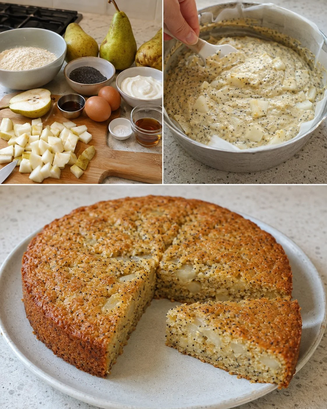 Flourless pear and poppy seed breakfast cake, a healthy gluten-free option