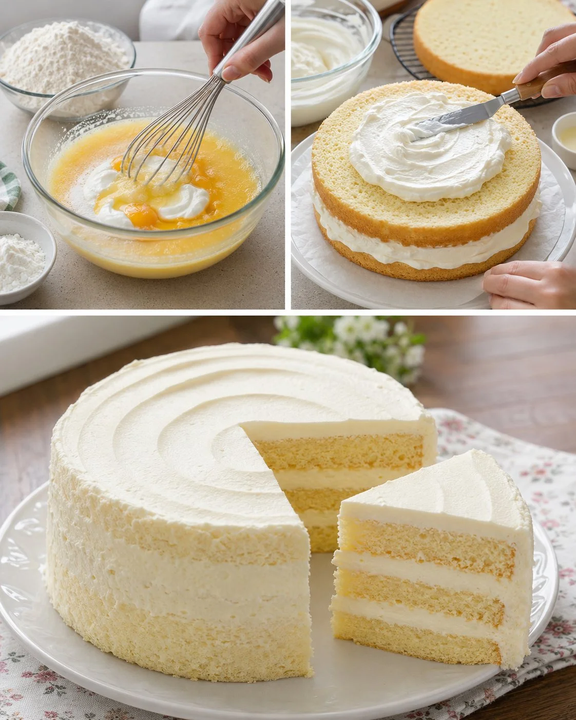 Fluffy yogurt sponge cake layered with creamy filling, an enticing dessert.