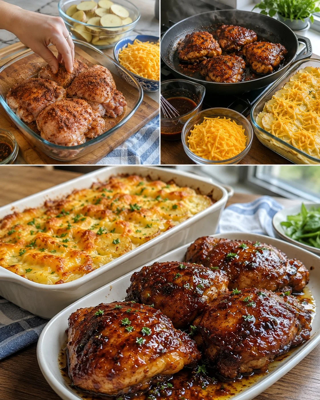 Delicious glazed chicken thighs served with cheesy potatoes on a plate