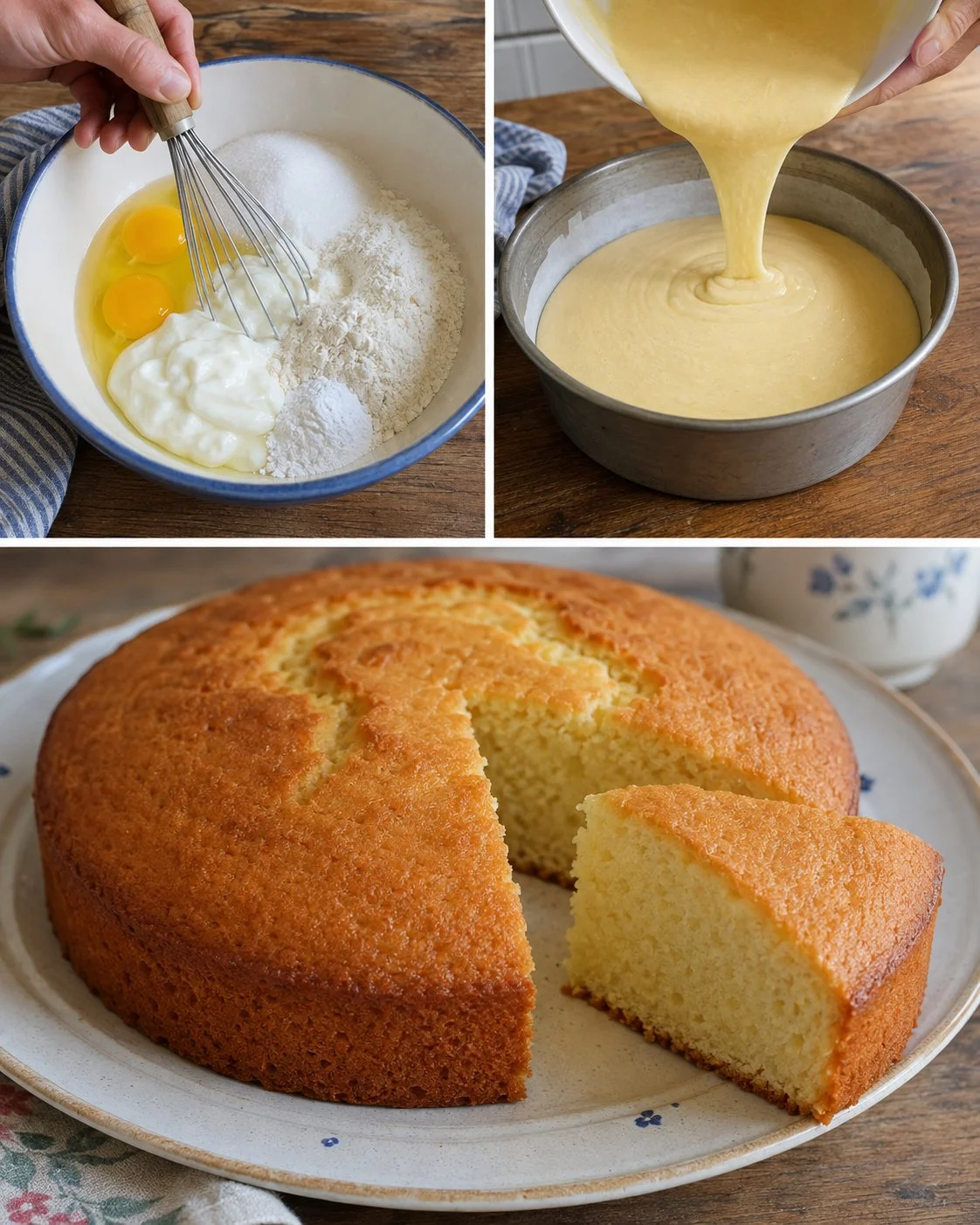 Slice of Grandma's quick yogurt cake topped with fresh berries