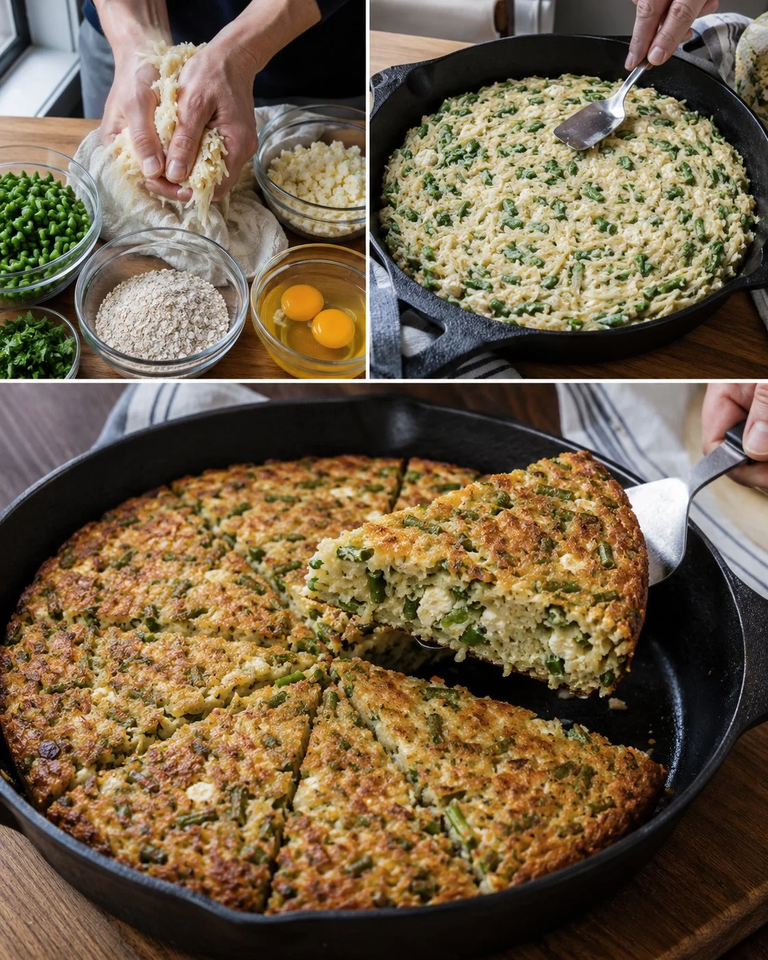 Green Bean, Potato and Feta Skillet Cake served in a cast iron skillet