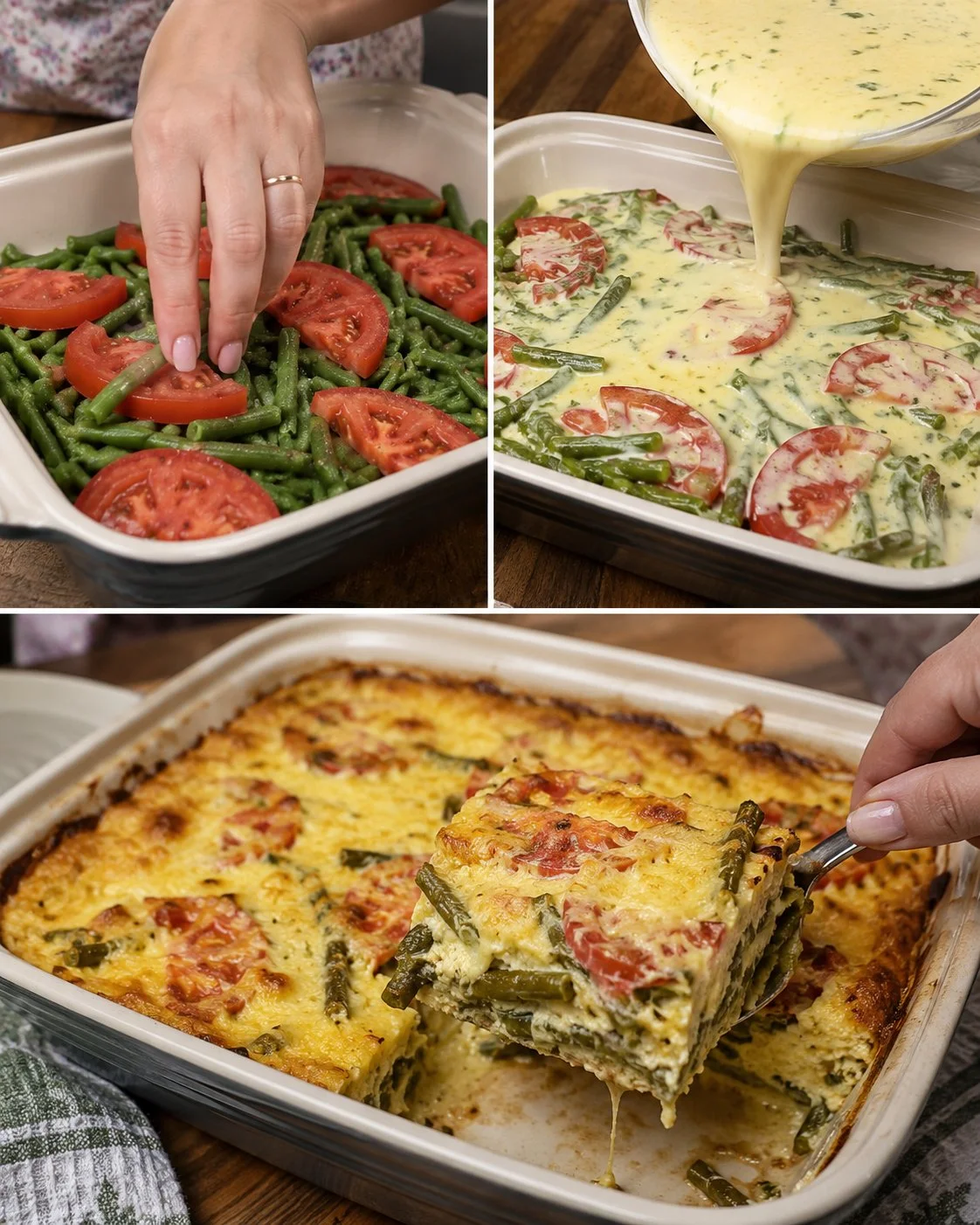 Green bean tomato cheese casserole in a baking dish garnished with herbs
