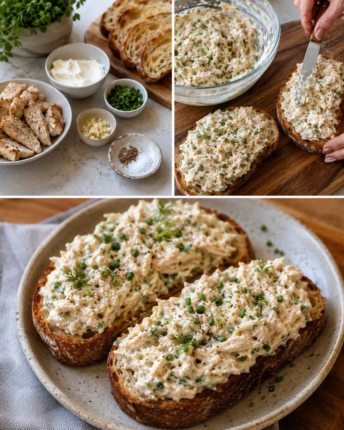 High-protein chicken toast spread recipe on a plate