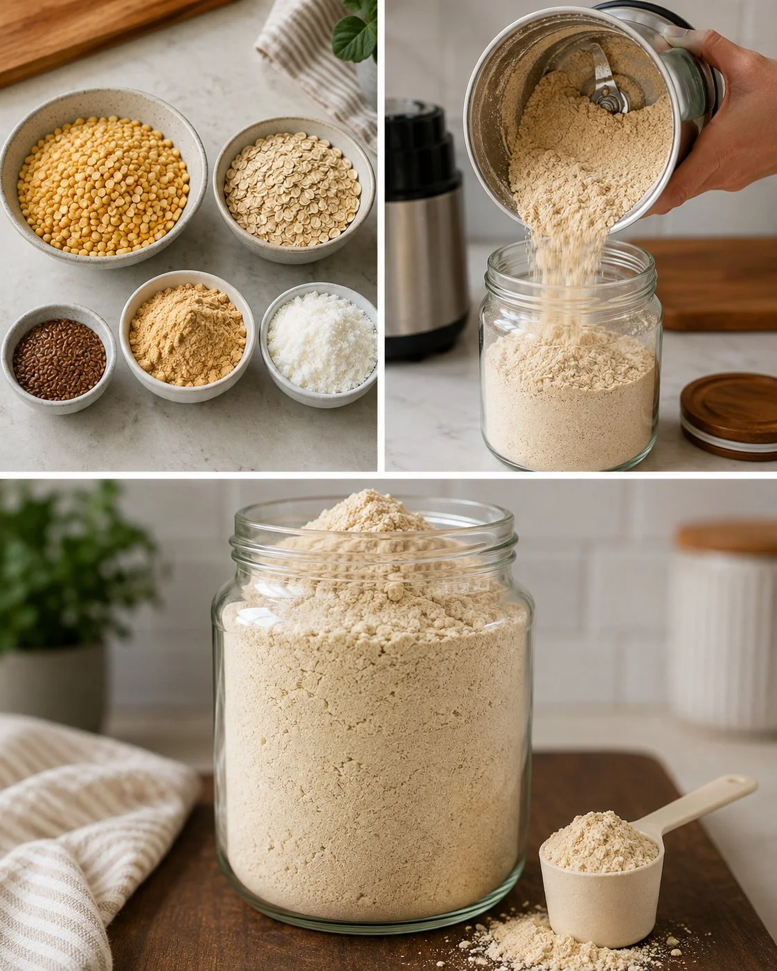 Bowl of homemade high-protein powder with ingredients and measuring scoop