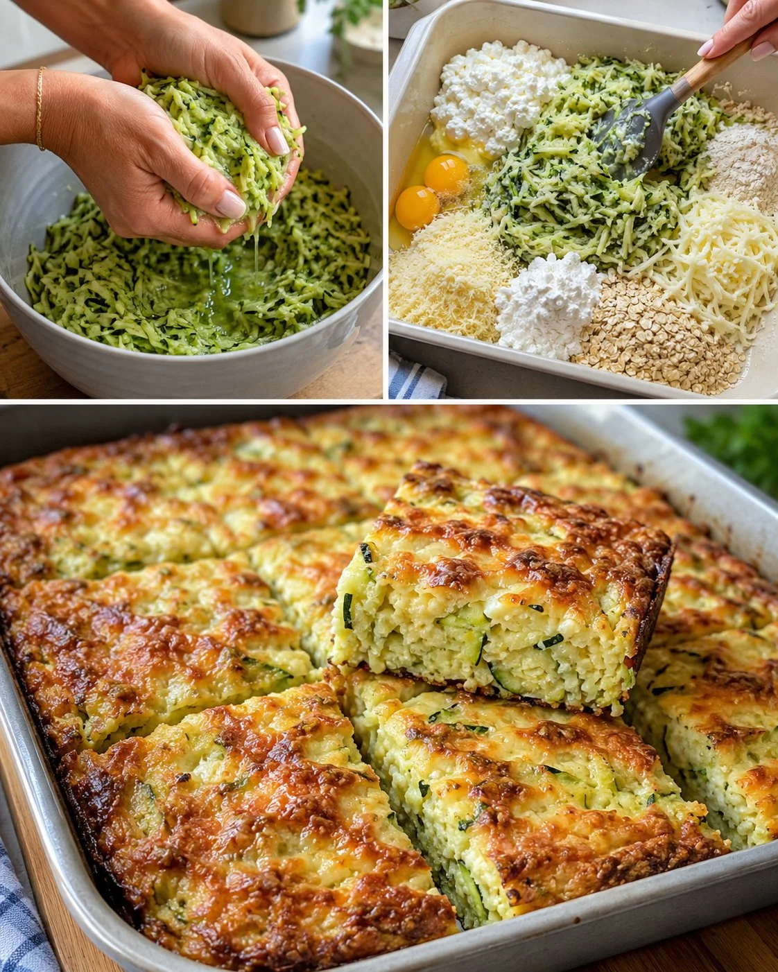 Lazy zucchini breakfast pie with cottage cheese, baked and ready to serve.