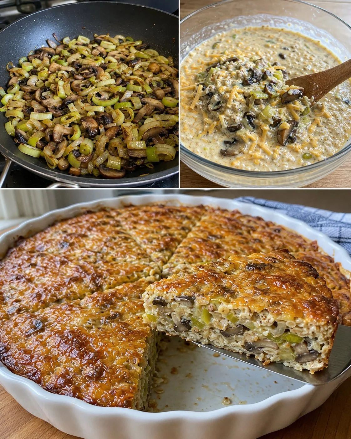 Crustless Oat Pie with leeks, mushrooms, and cheddar cheese