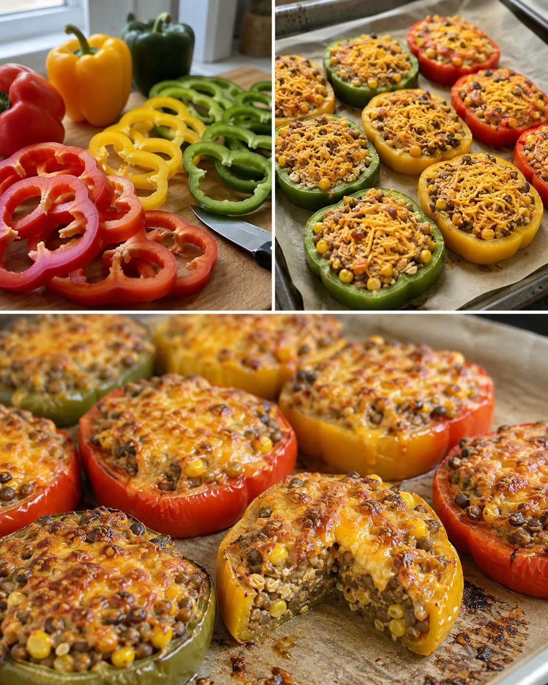 Lentil and corn stuffed bell pepper rings on a plate