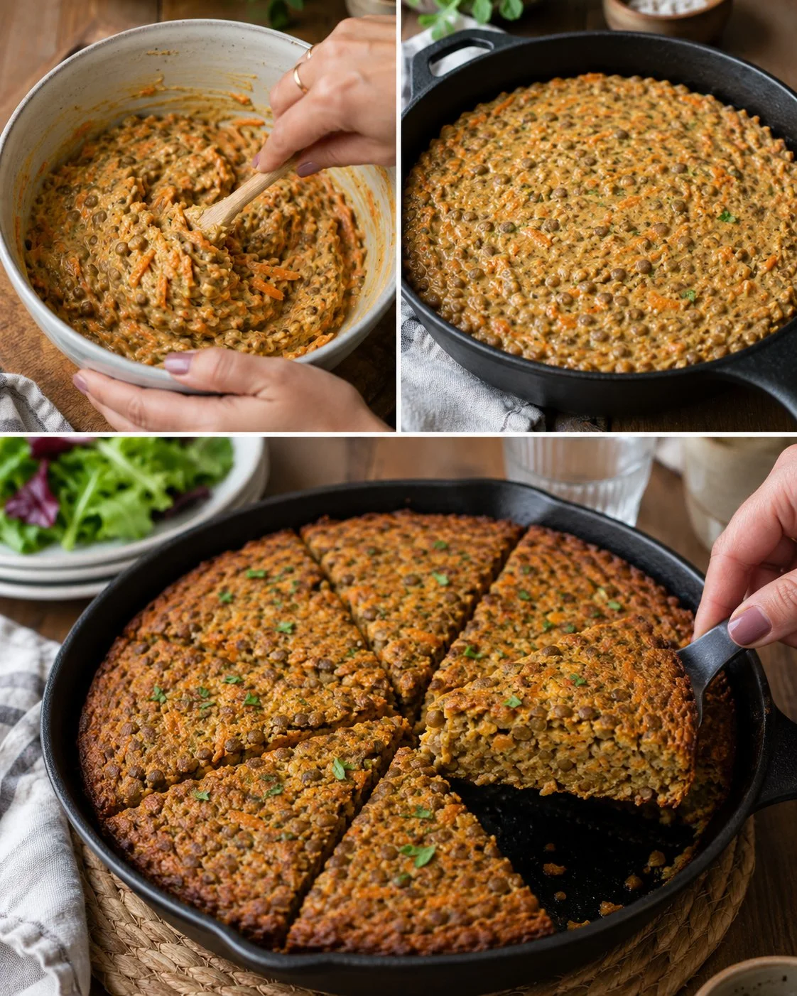 Delicious Lentil Carrot Skillet Cake displayed on a wooden table