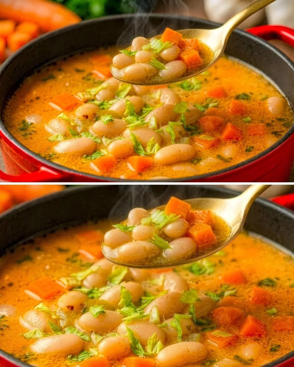Bowl of Mediterranean Bean Soup garnished with herbs and spices