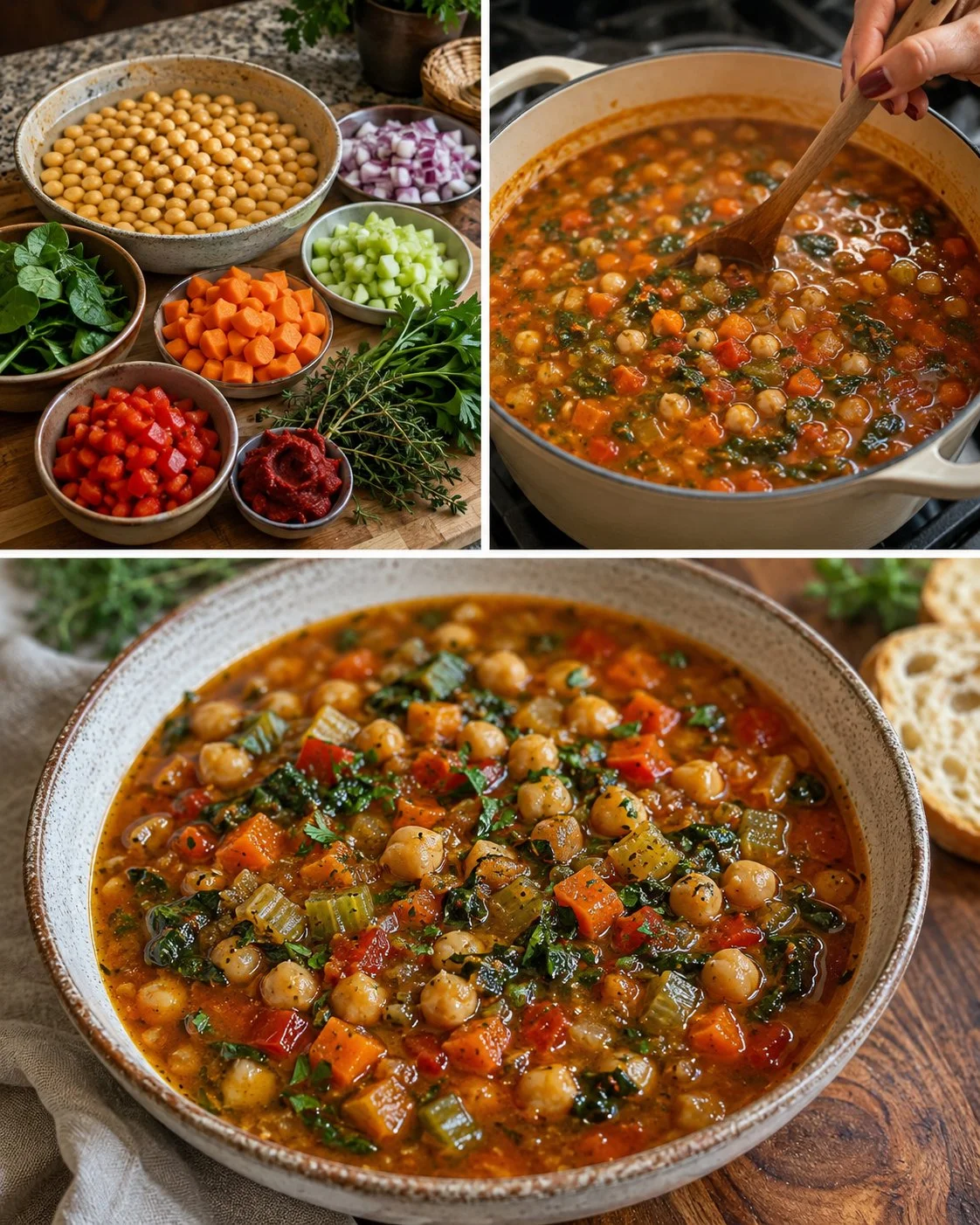 Bowl of Mediterranean Chickpea Vegetable Soup with fresh vegetables and herbs.