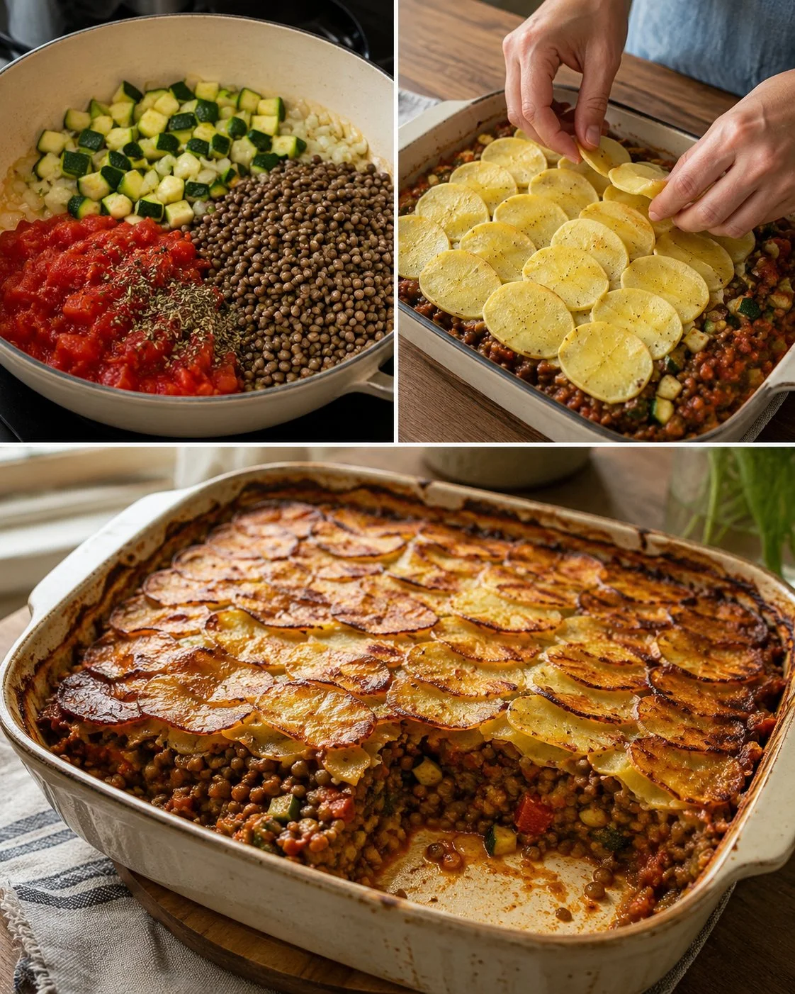 Mild Lentil and Zucchini Bake with crispy potato ribbons on top
