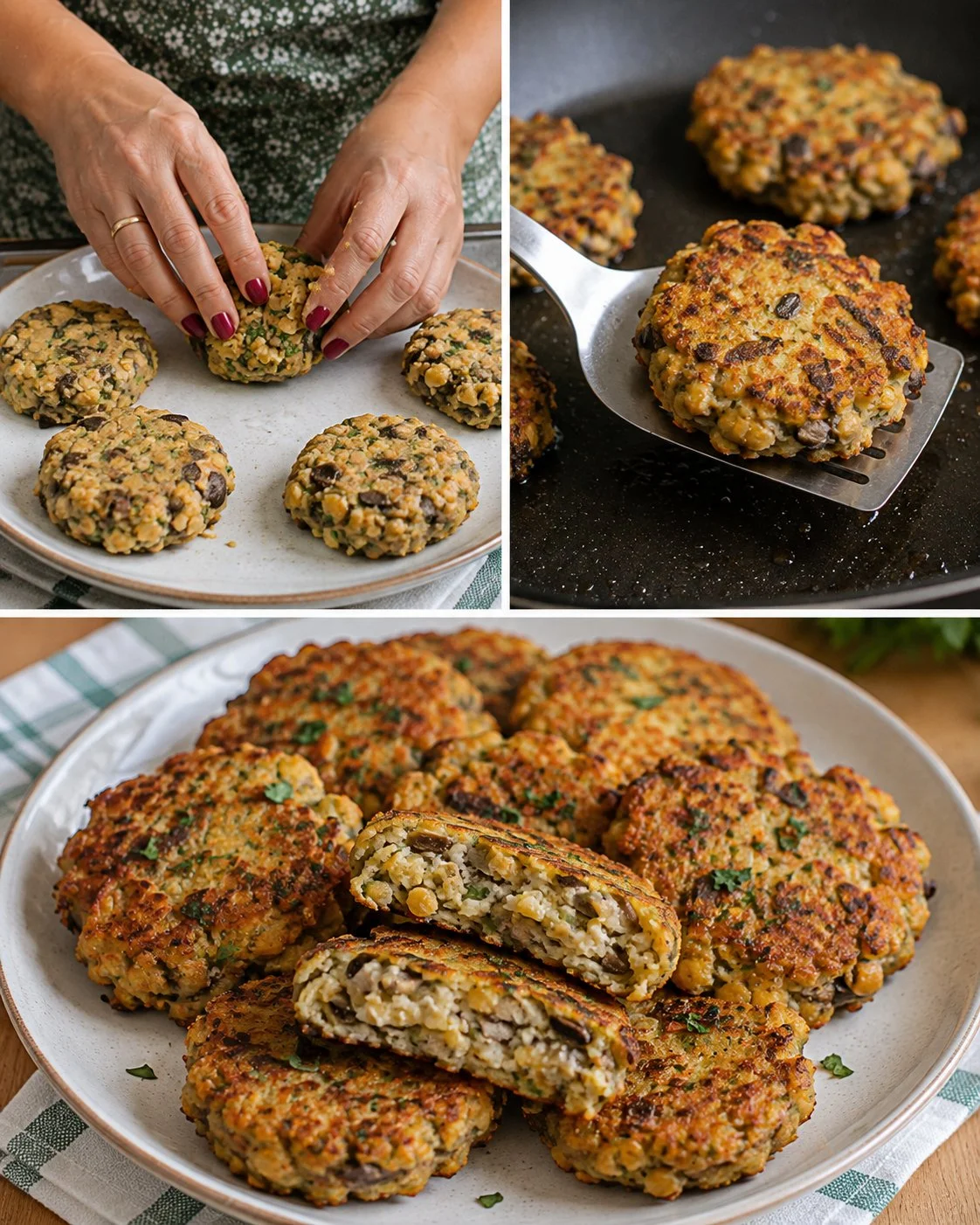 Mushroom Chickpea Cheese Patties served on a plate with fresh herbs