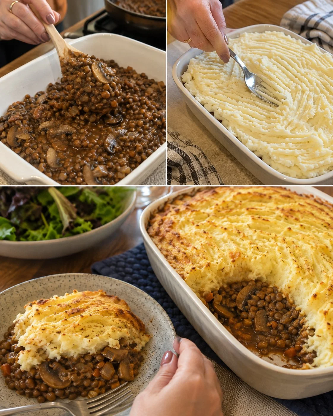 Mushroom Lentil Bake topped with herbs in a rustic casserole dish