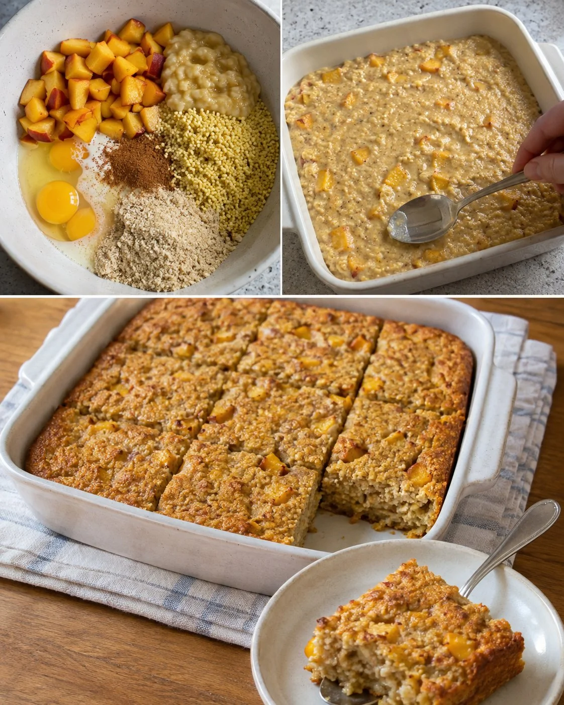 No-added-sugar peach and almond millet bake served on a plate