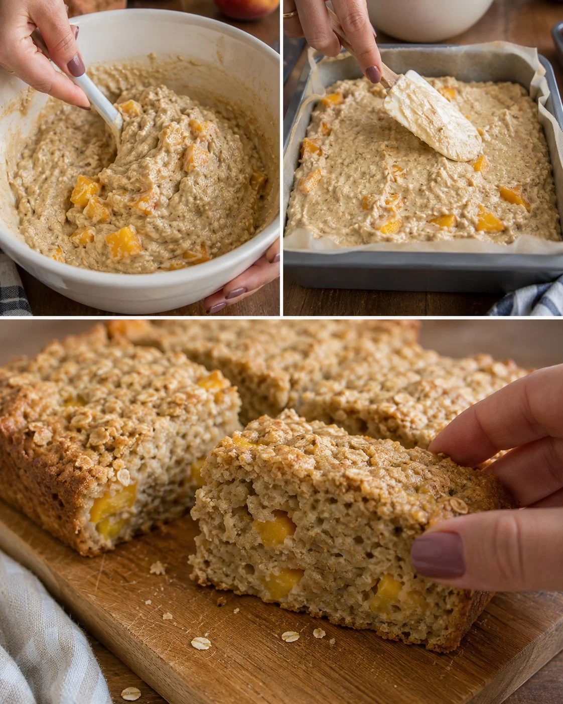 No-Added-Sugar Peach Oat Snack Cake served on a plate with fresh peaches