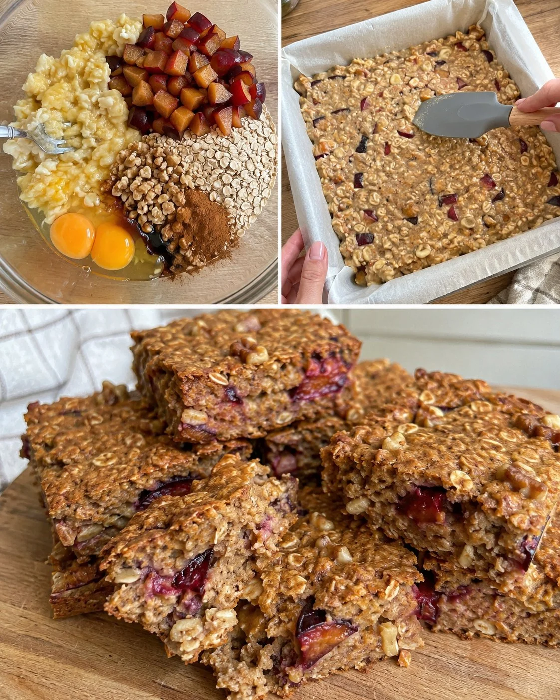 No-Added-Sugar Plum and Walnut Oat Squares on a wooden plate