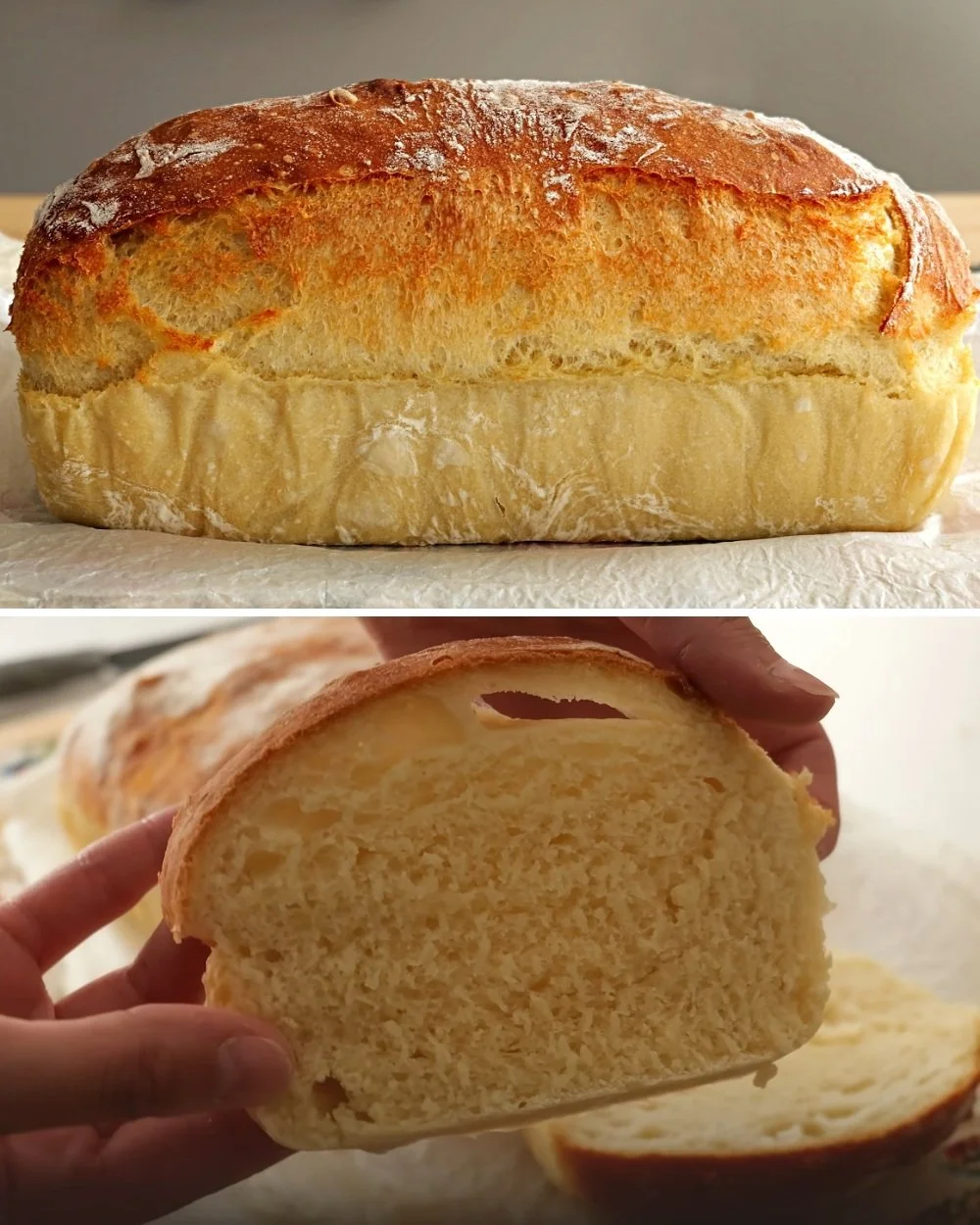 Freshly baked no-knead bread loaf on a wooden cutting board
