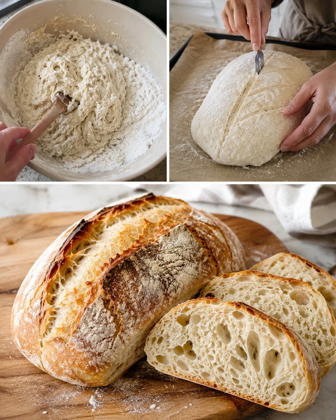 Freshly baked no-knead crusty white bread on a wooden table