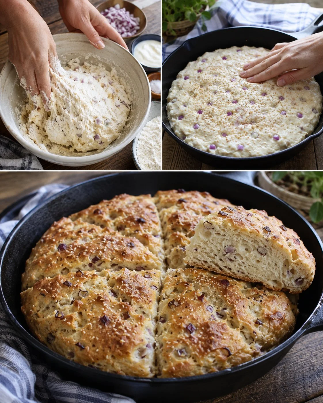 Golden brown no-knead onion skillet bread in a cast iron skillet