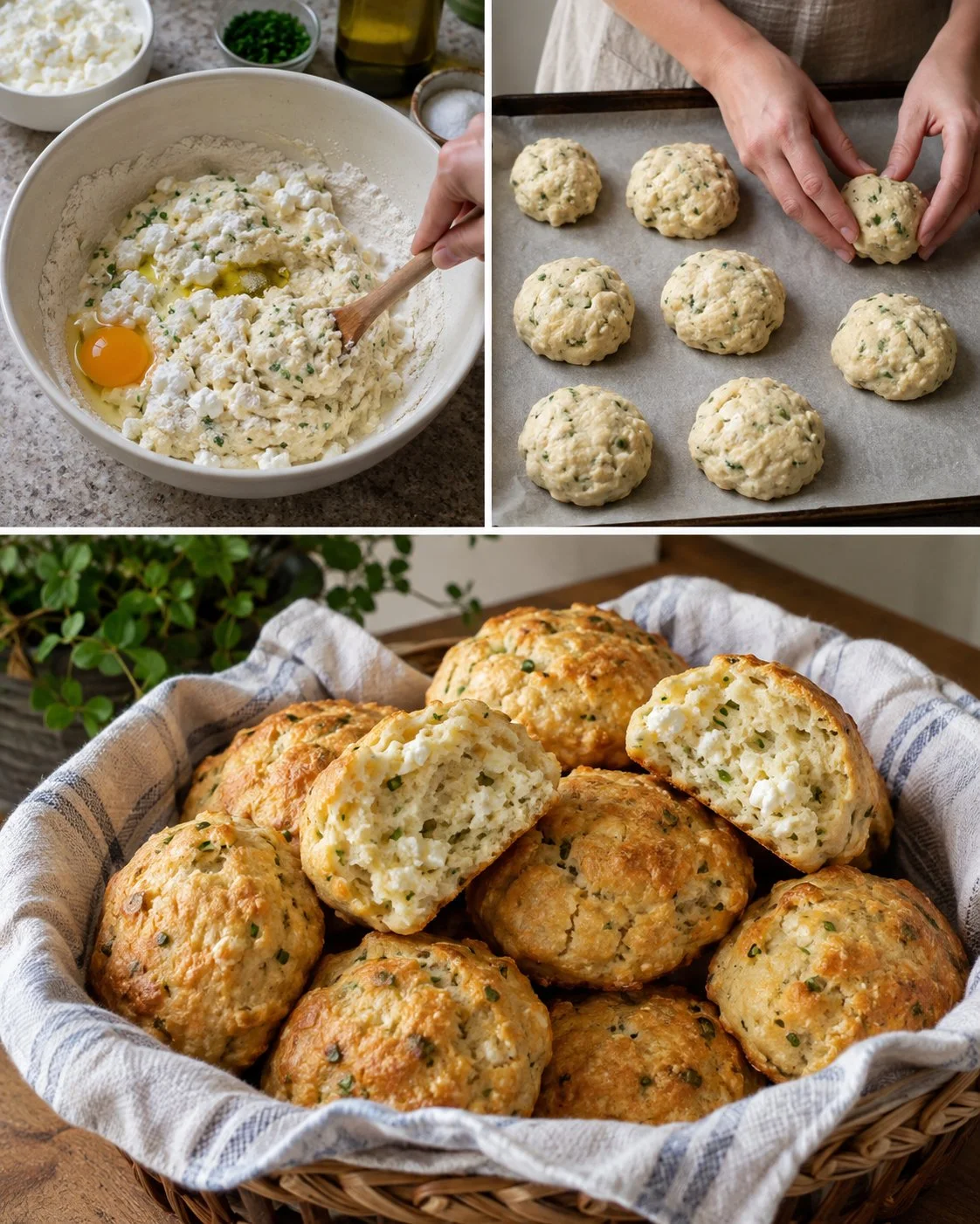 Freshly baked no-yeast cottage cheese herb rolls on a wooden board.