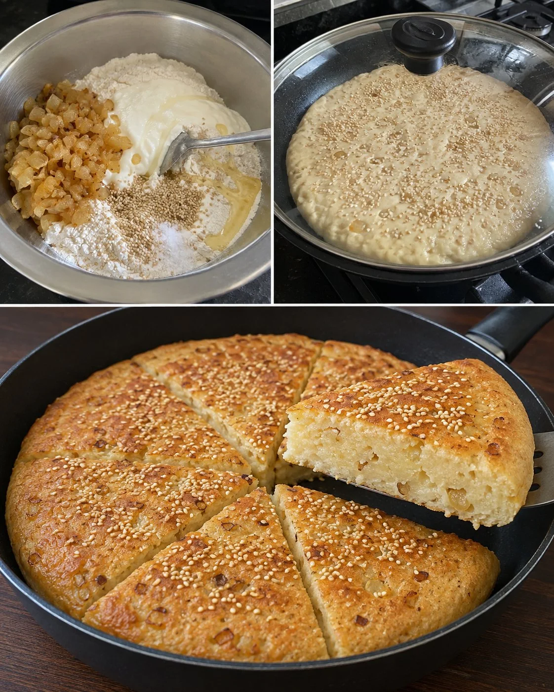 Delicious onion and sesame pan bread without yeast, ready to serve.