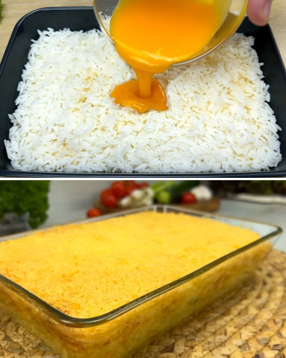 Oven baked rice and eggs dish ready to serve with a golden crust