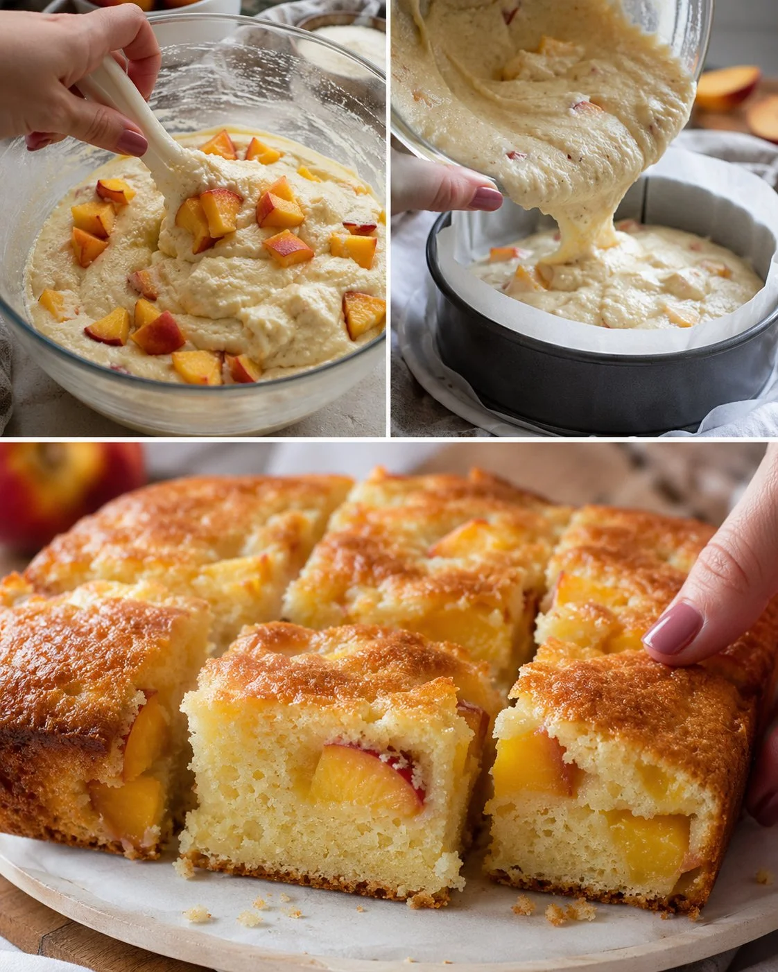 Slice of moist Peach Semolina Yogurt Cake topped with fresh peaches