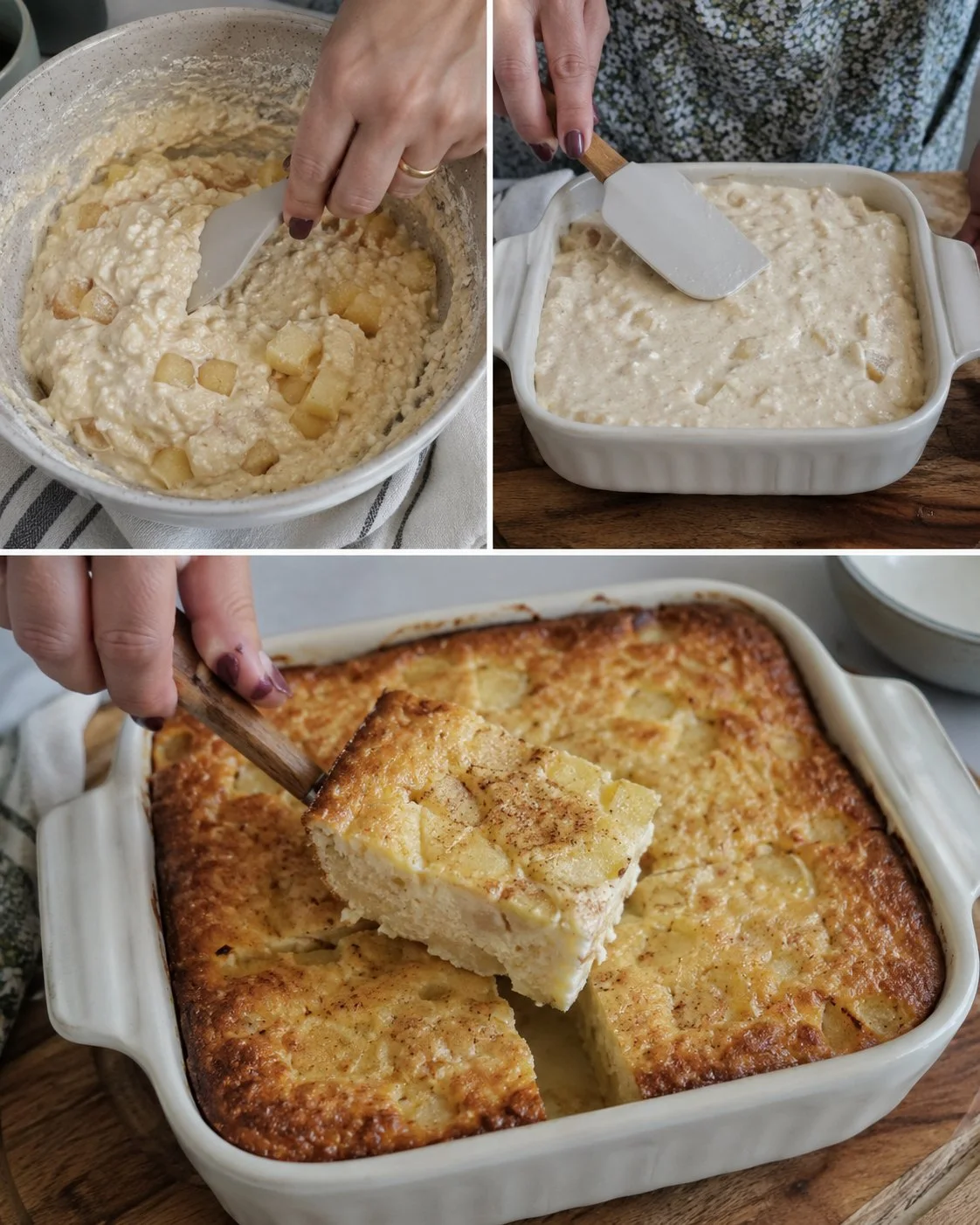 Delicious Pear Cinnamon Cottage Cheese Bake topped with cinnamon and pears